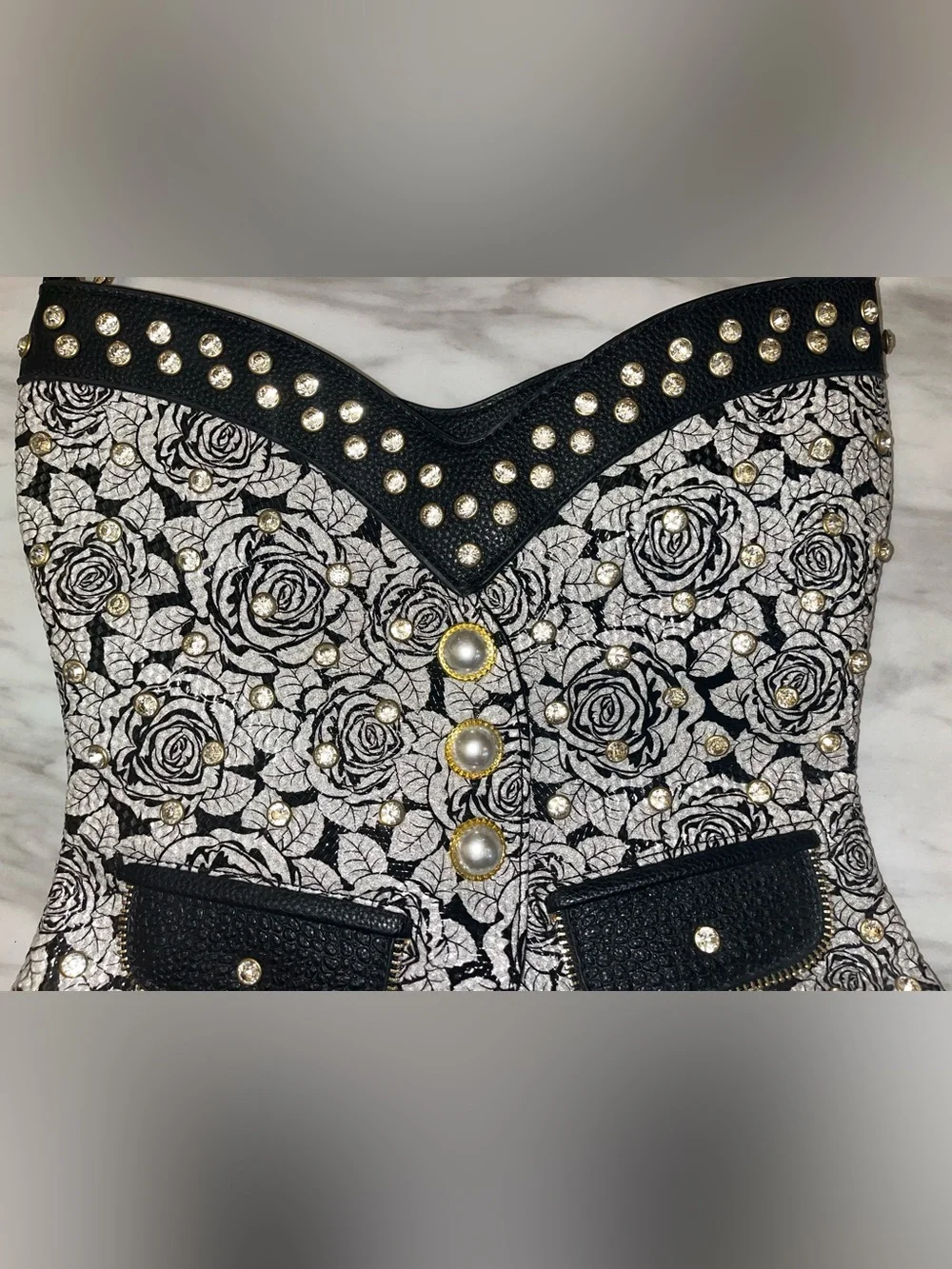 Black & White Rose Studded Corset-Style Shoulder Bag - Picture 6 of 13